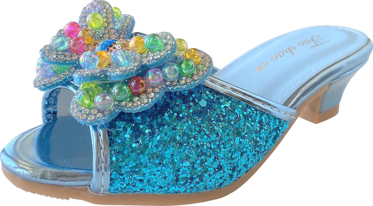 Elsa Frozen Prinsessen slipper schoenen blauw glitter met hakje maat 31 - binnenmaat 19 cm - bij jurk verkleedkleding