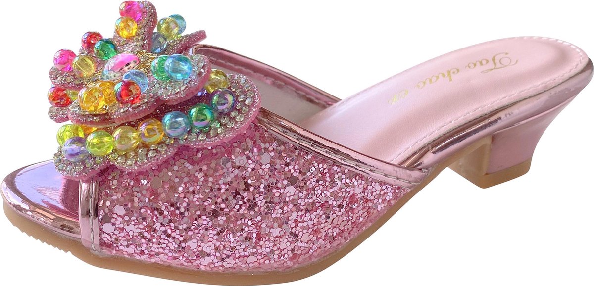 Elsa Frozen Prinsessen slipper schoenen roze glitter met hakje maat 31 - binnenmaat 19 cm - bij jurk verkleedkleding