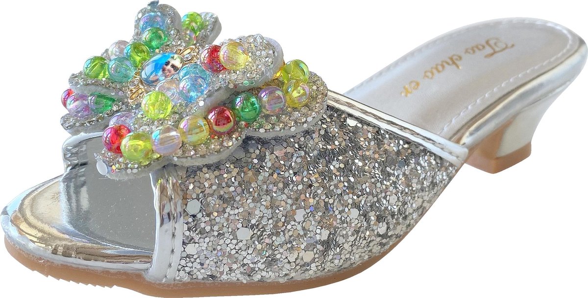 Elsa Frozen Prinsessen slipper schoenen zilver glitter met hakje maat 31 - binnenmaat 19 cm - bij jurk verkleedkleding