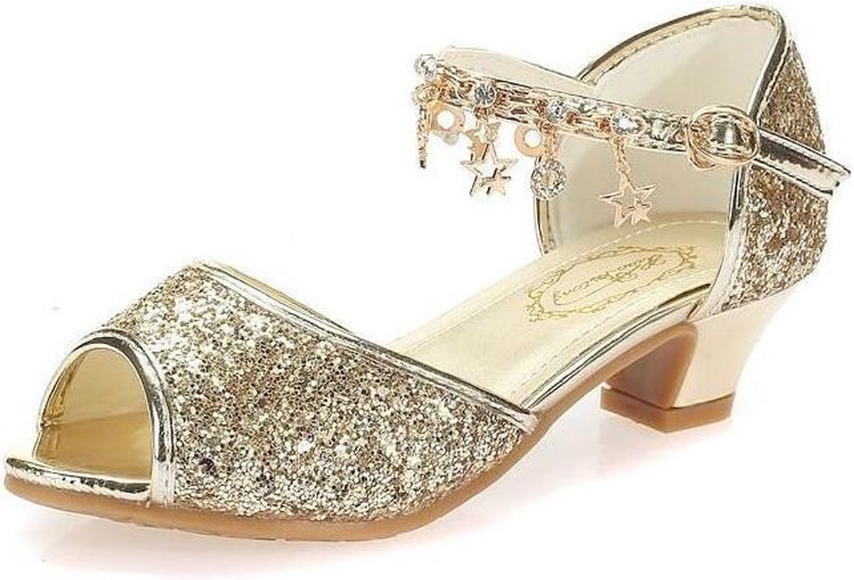 Elsa Frozen prinsessen schoenen goud glitter + bedeltjes maat 27 - binnenmaat 17,5 cm - bij jurk verkleedkleding