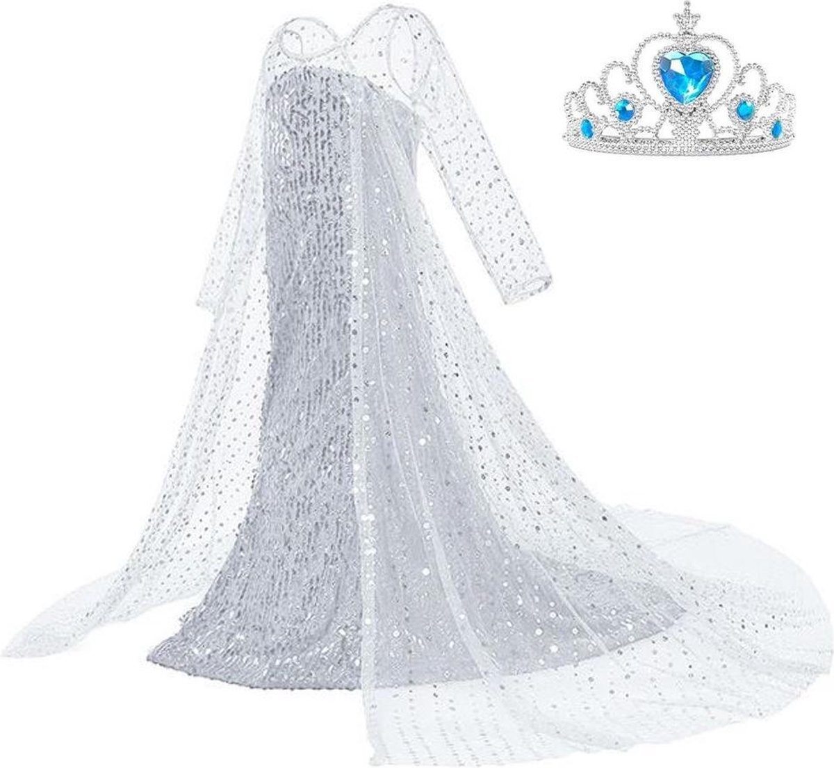 Frozen 2 Elsa jurk IJskoningin Deluxe met lange sleep 104-110 (110) + kroon Prinsessen jurk verkleedkleding