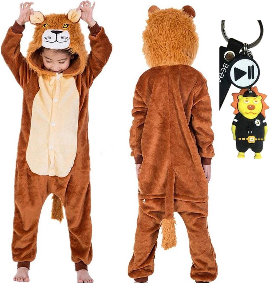 Onesie Leeuw huispak dieren kostuum jumpsuit pyjama kinderen - 104-110 (110) + GRATIS tas/sleutelhanger verkleedkleding