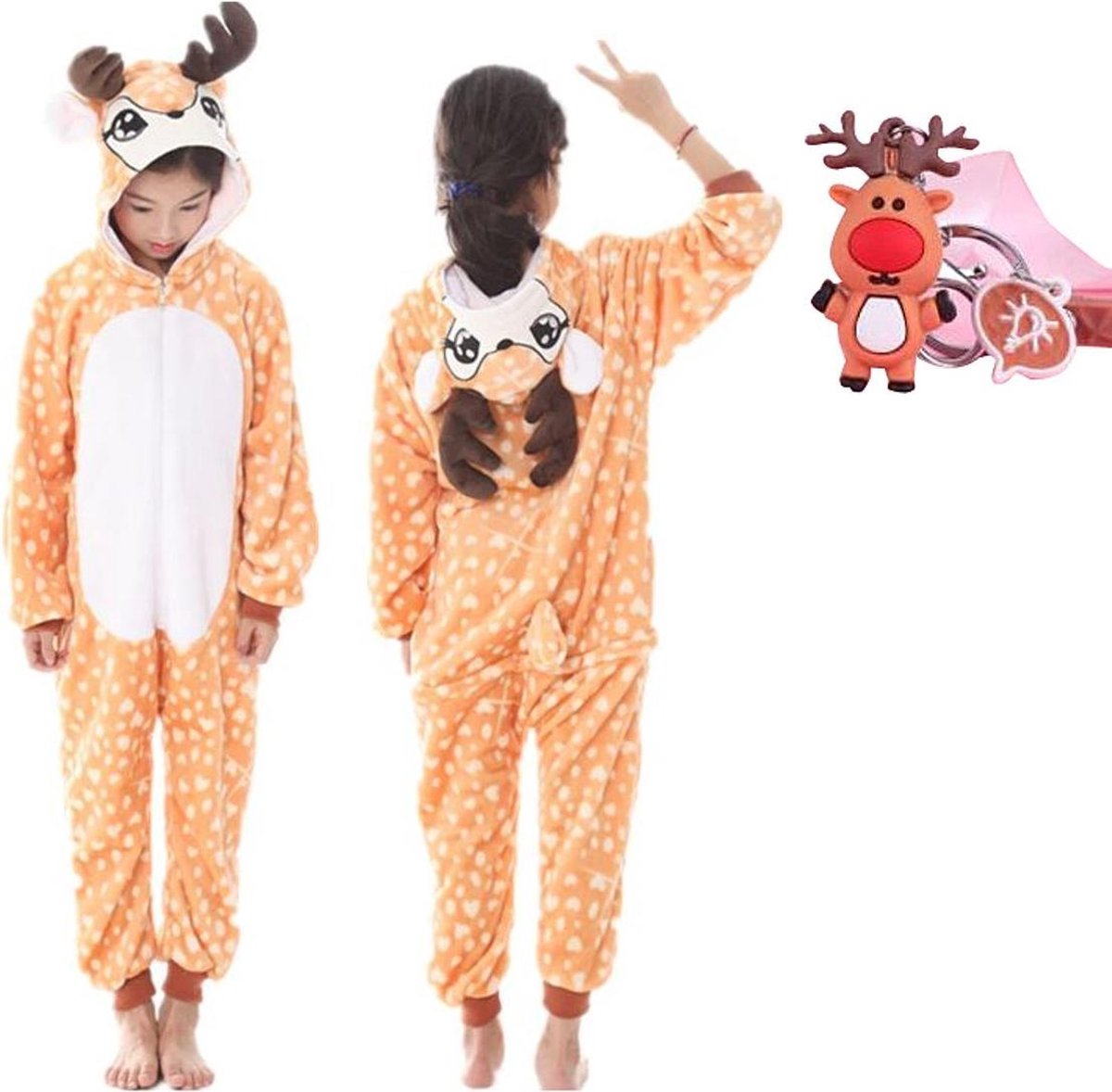 Onesie rendier- hert - eland dieren kostuum jumpsuit pyjama kinderen - 104-110 (110) + GRATIS tas/sleutelhanger verkleedkleding