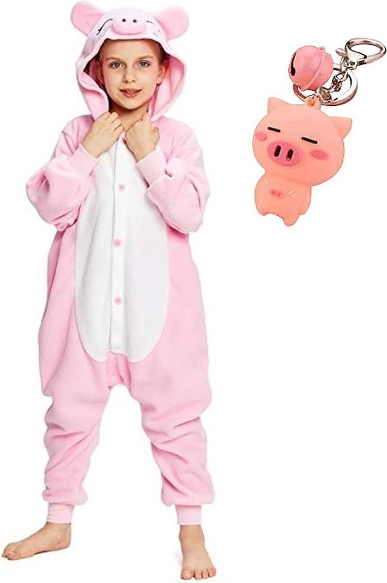 Onesie varken dierenpak kostuum jumpsuit pyjama kinderen - 140-146 (140) + GRATIS tas/sleutelhanger verkleedkleding