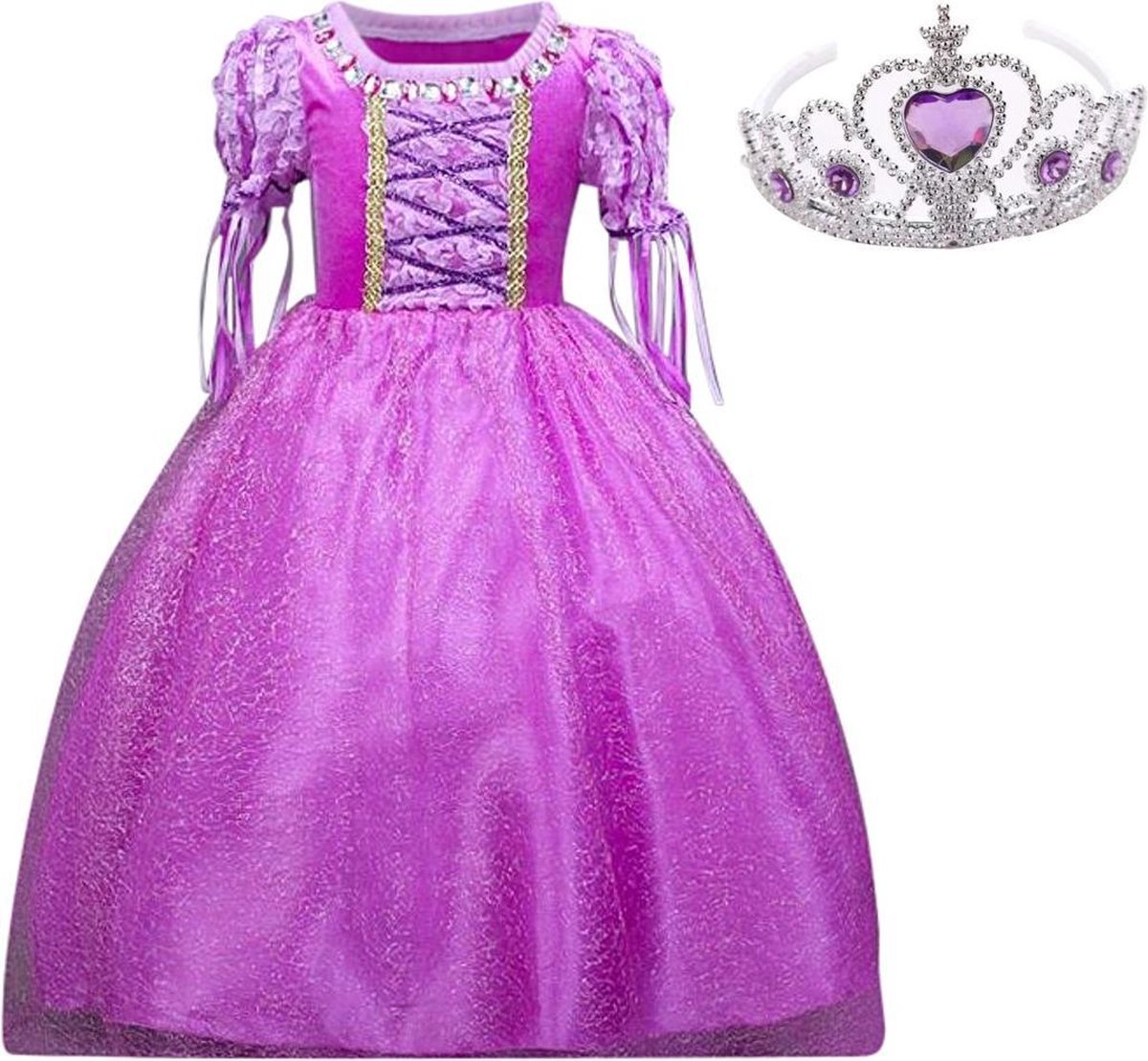 Rapunzel jurk Prinsessen jurk verkleedjurk Deluxe 104 -110 (110) paars + kroon verkleedkleding