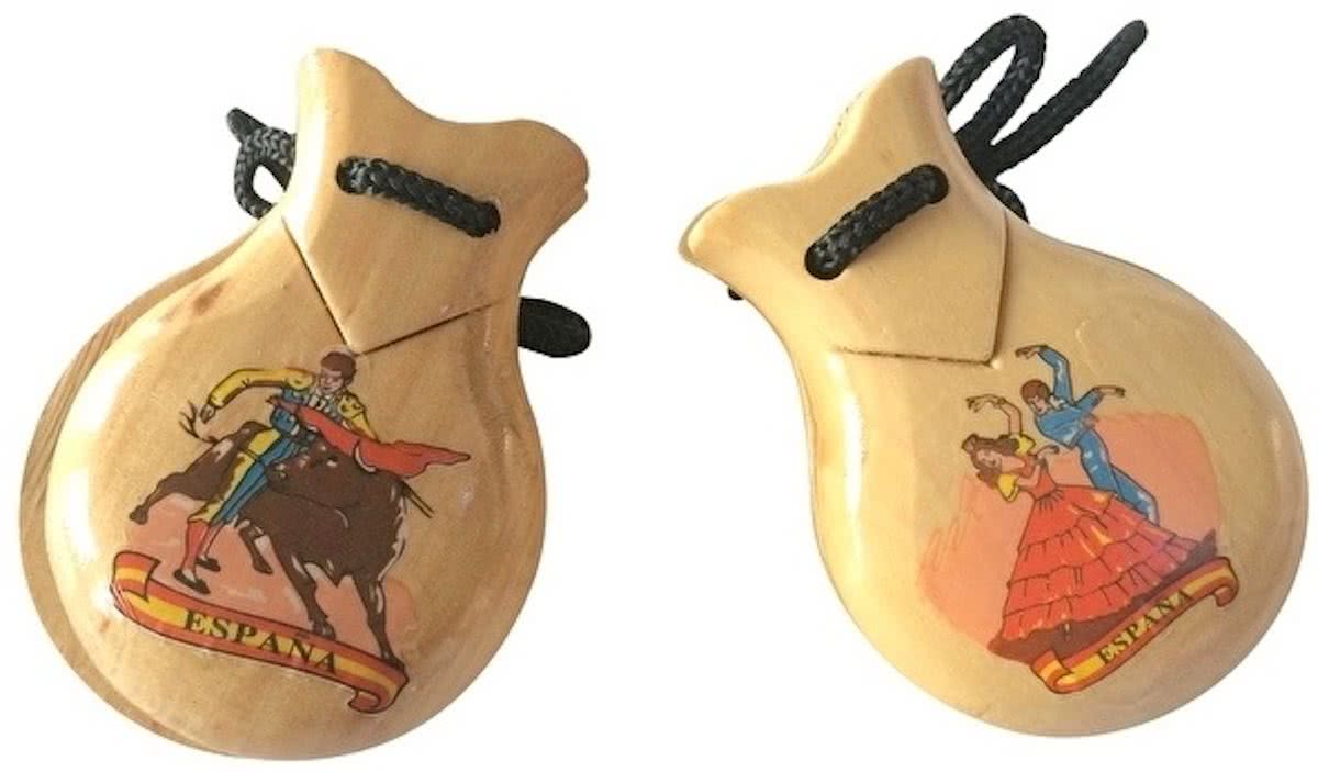 Spaanse castagnetten licht bruin met Spaanse opdruk bij verkleed jurk