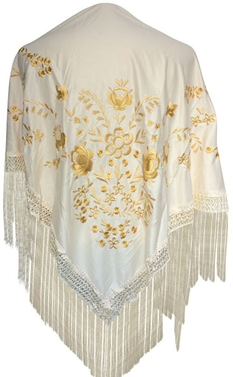 Spaanse manton - omslagdoek - creme wit goud Large bij verkleedkleding of Flamenco jurk