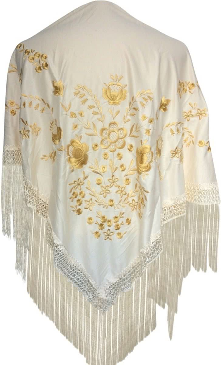 Spaanse manton - omslagdoek - creme wit goud bij verkleedkleding of Flamenco jurk
