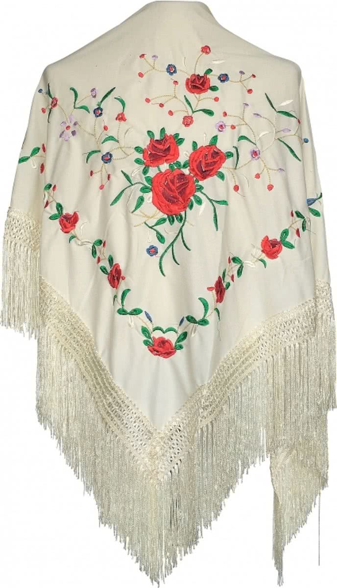Spaanse manton - omslagdoek - creme wit met rozen bij verkleedkleding of Flamenco jurk