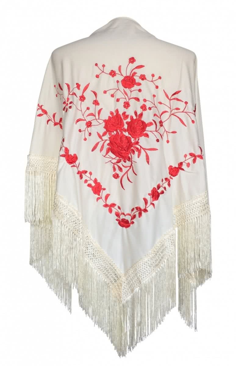 Spaanse manton - omslagdoek - creme wit rood bij verkleedkleding of Flamenco jurk