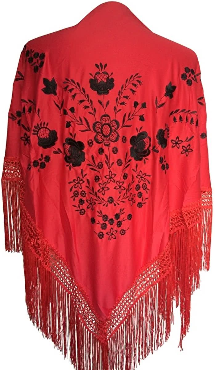 Spaanse manton - omslagdoek - rood zwart Large bij verkleedkleding of Flamenco jurk