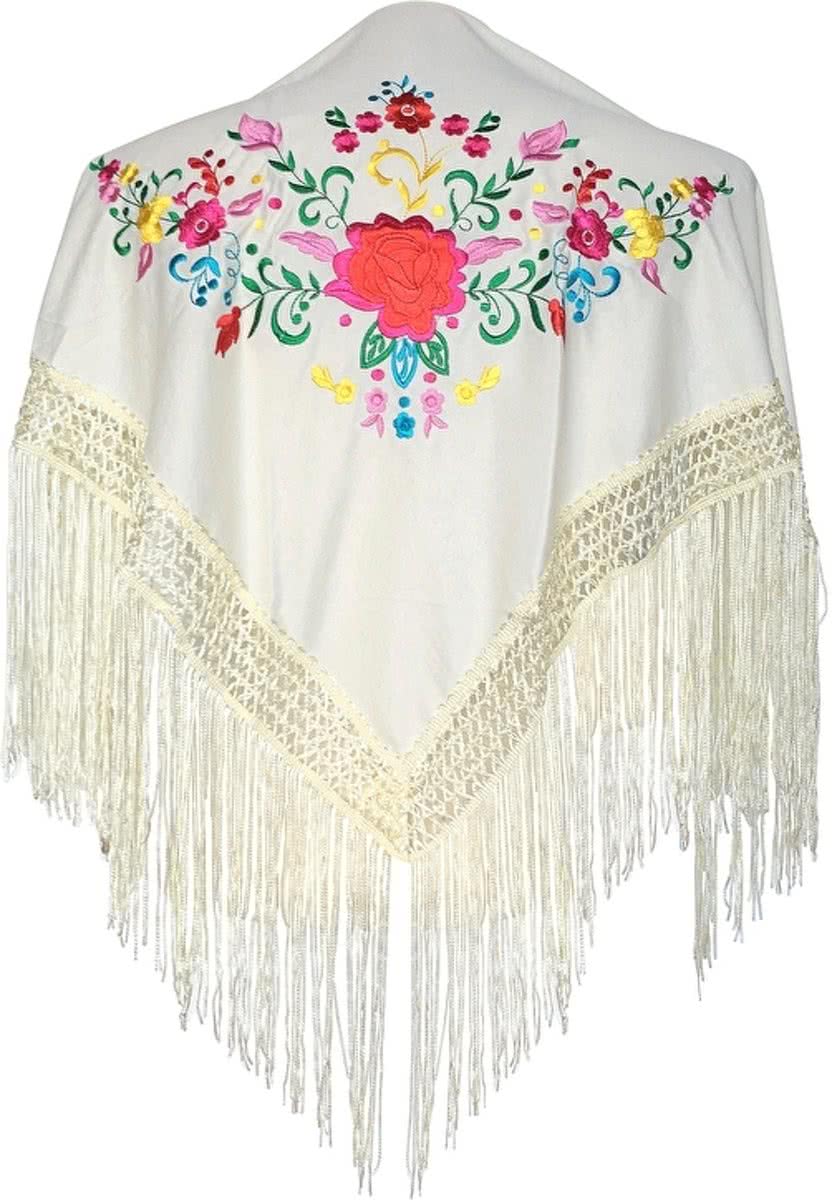 Spaanse manton - omslagdoek - voor kinderen - creme wit met bloemen - bij Flamencojurk