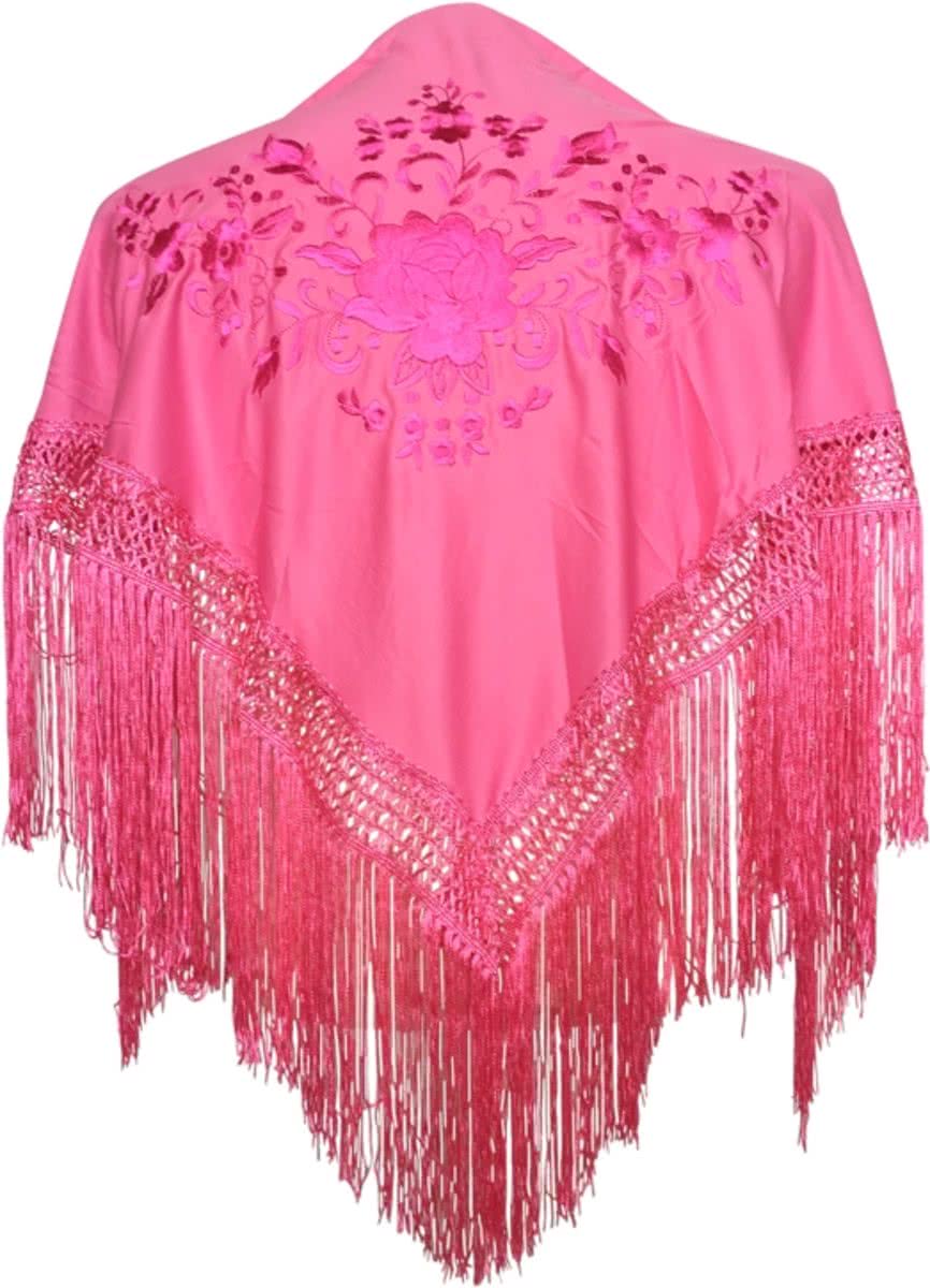 Spaanse manton - omslagdoek - voor kinderen - roze met roze bloemen - bij Flamenco Prinsessen jurk