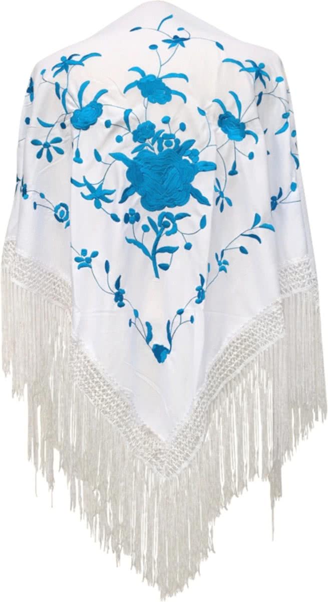 Spaanse manton - omslagdoek - wit blauw bij verkleedkleding of Flamenco jurk