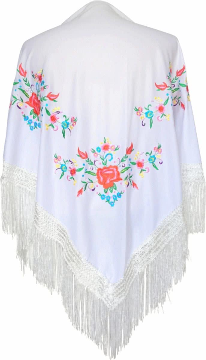 Spaanse manton - omslagdoek - wit met bloemen driehoek bij verkleedkleding of Flamenco jurk
