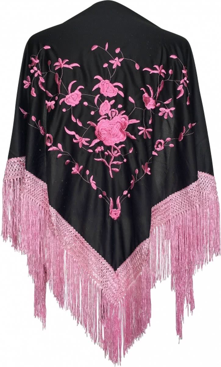 Spaanse manton - omslagdoek - zwart licht roze bij verkleedkleding of Flamenco jurk