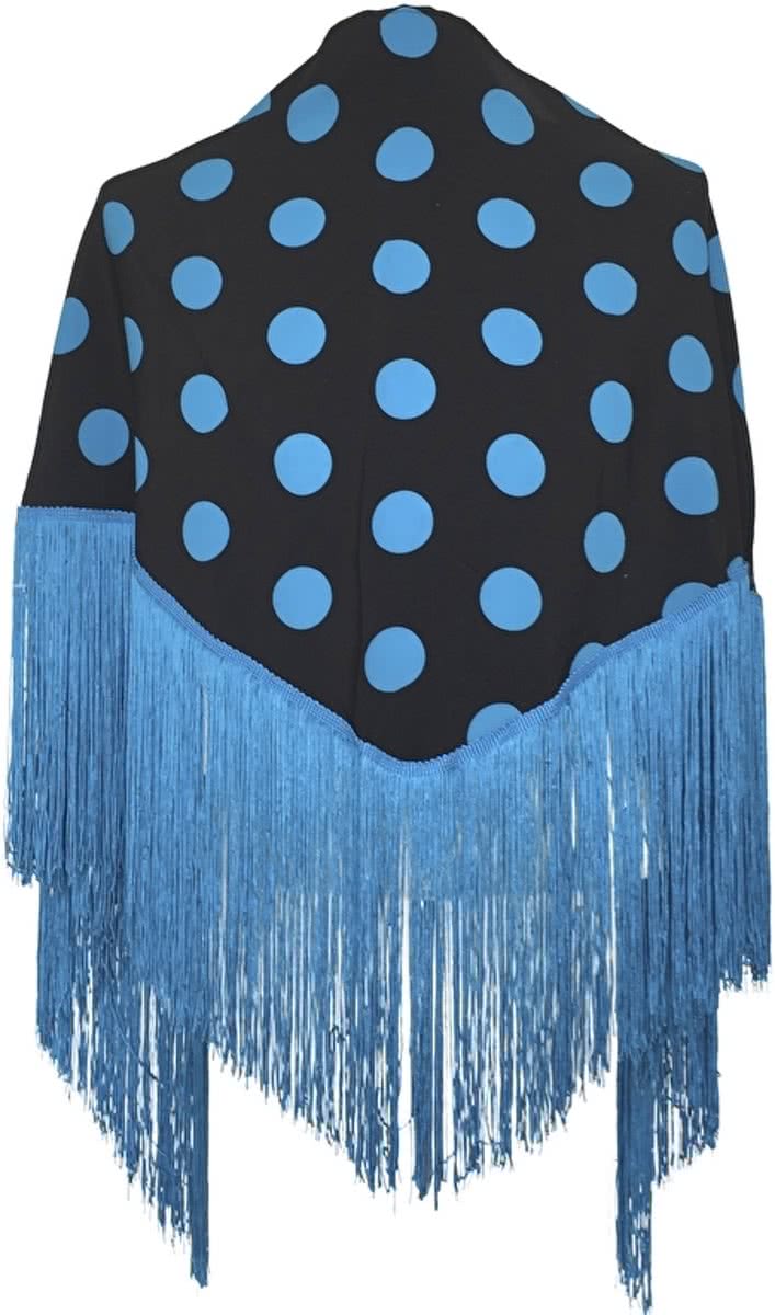 Spaanse manton - omslagdoek - zwart met blauw stippen bij verkleedkleding of Flamenco jurk