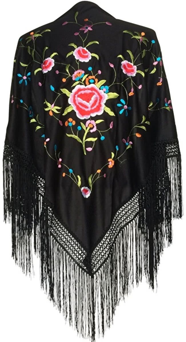 Spaanse manton - omslagdoek - zwart met bloemen bij verkleedkleding of Flamenco jurk