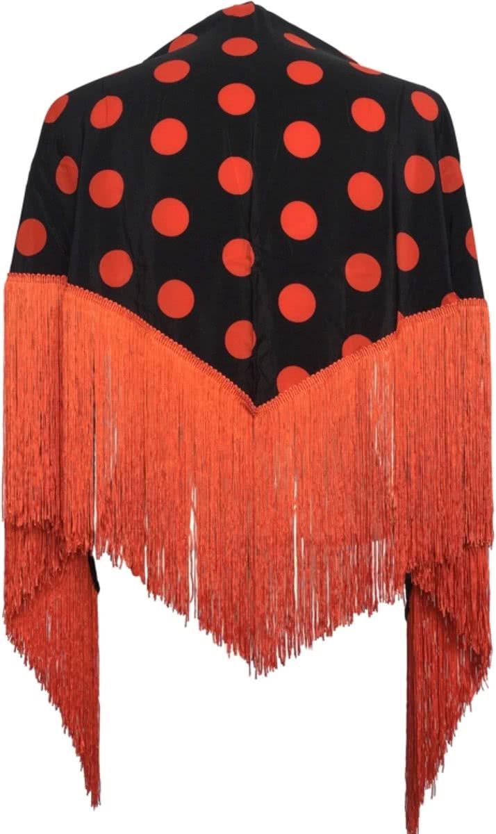 Spaanse manton - omslagdoek - zwart met oranje stippen bij verkleedkleding of Flamenco jurk