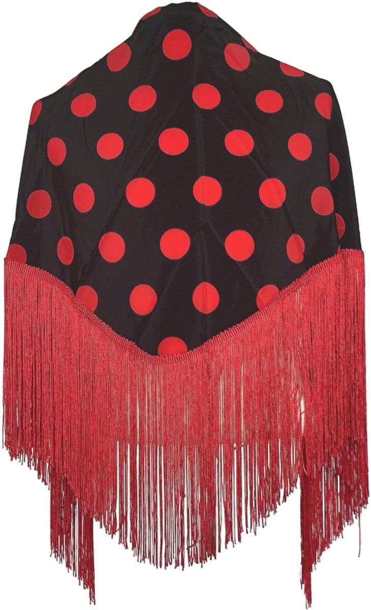 Spaanse manton - omslagdoek - zwart met rode stippen bij verkleedkleding of Flamenco jurk