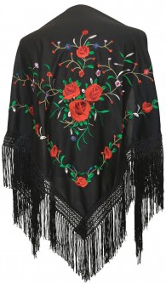Spaanse manton - omslagdoek - zwart met rozen bij verkleedkleding of Flamenco jurk