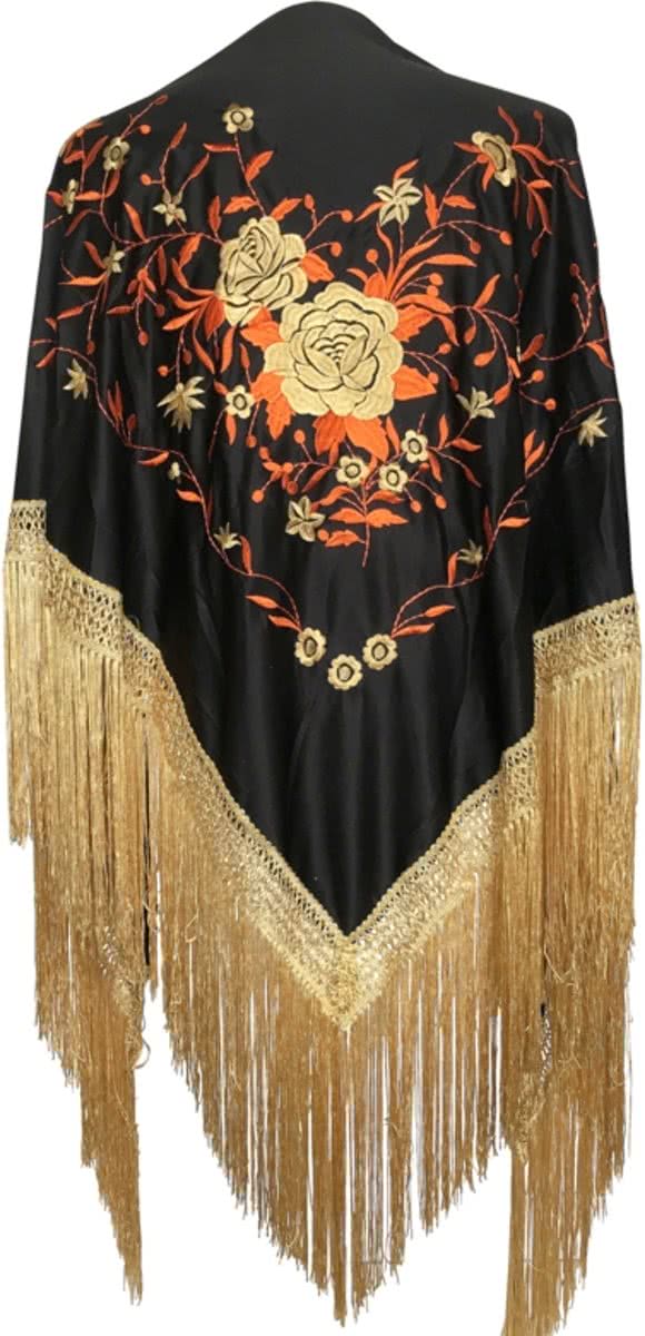 Spaanse manton - omslagdoek - zwart oranje goud bij verkleedkleding of Flamenco jurk