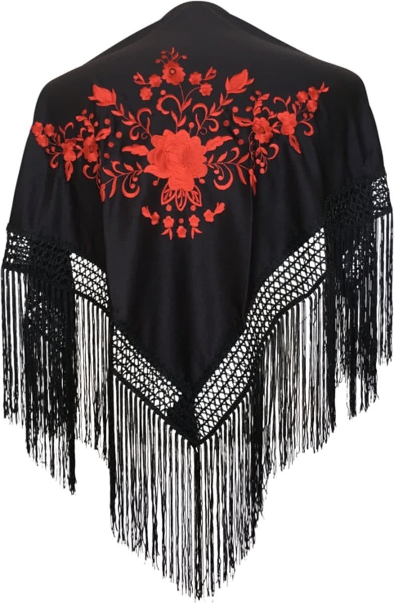 Spaanse manton - omslagdoek - zwart rood bij Flamenco jurk of verkleedkleding