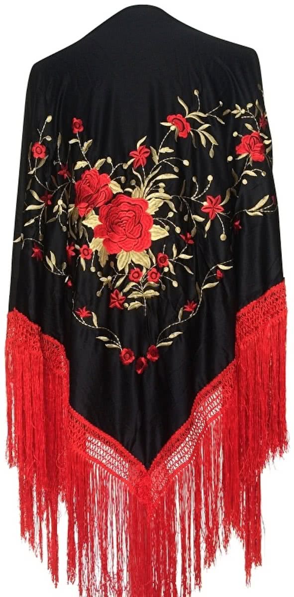 Spaanse manton - omslagdoek - zwart rood goud Large met rode franjes bij verkleedkleding of Flamenco jurk