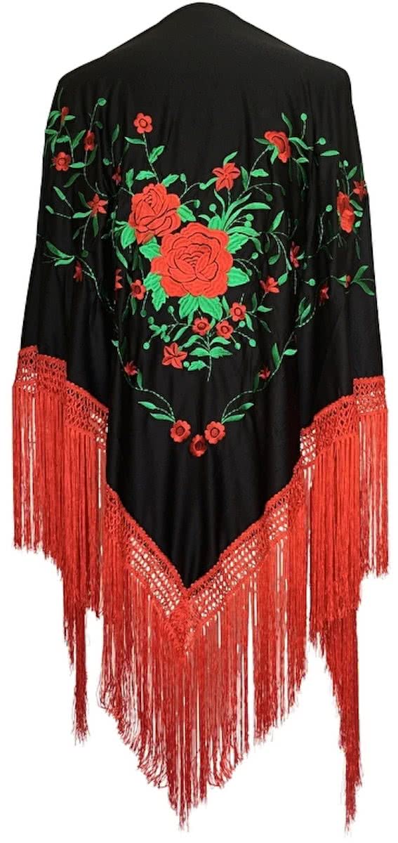 Spaanse manton - omslagdoek - zwart rood groen Large bij verkleedkleding of Flamenco jurk