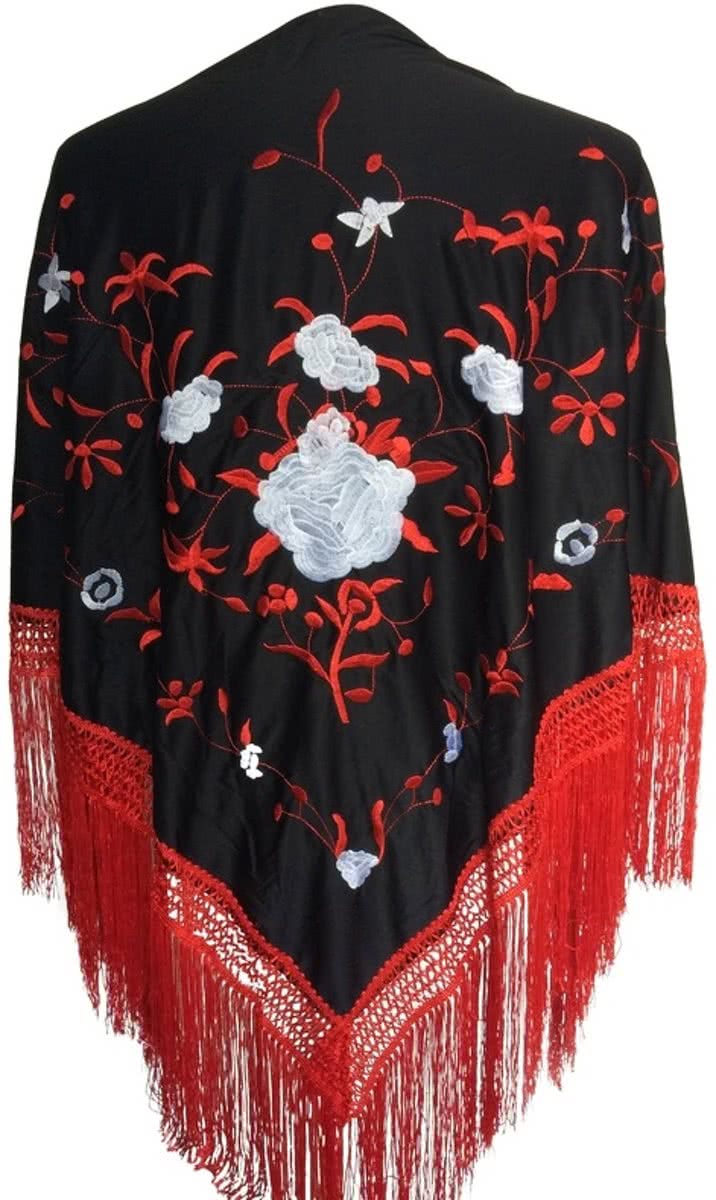 Spaanse manton - omslagdoek - zwart rood wit bij verkleedkleding of Flamenco jurk