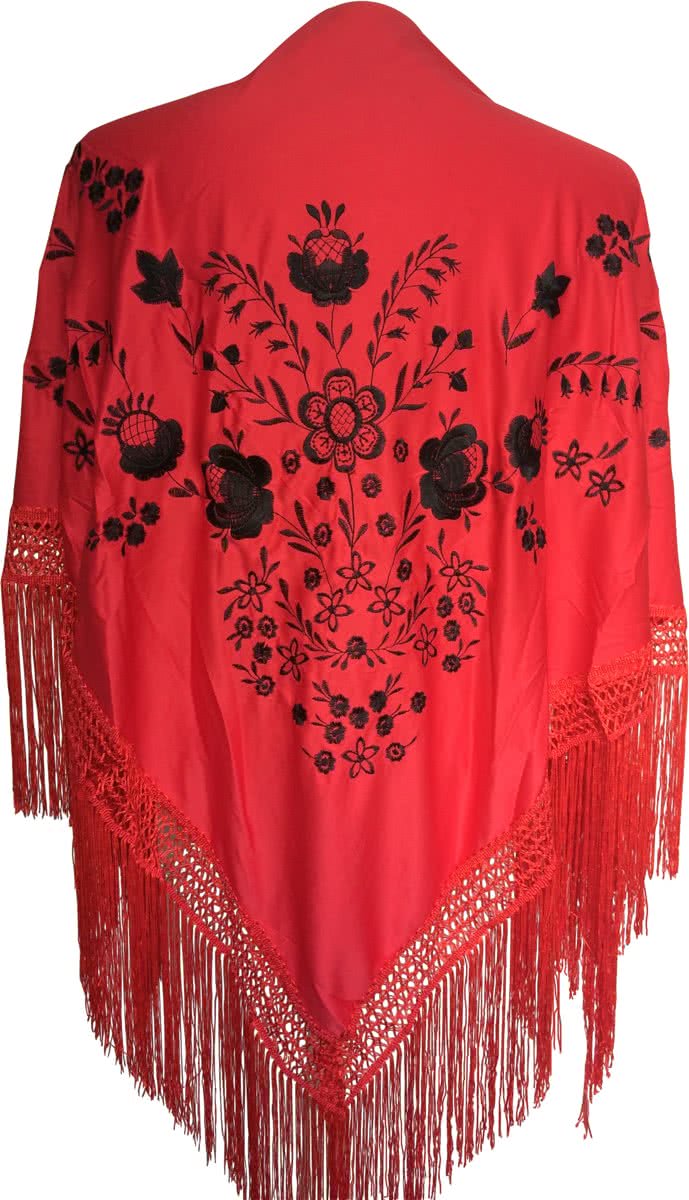 Spaanse manton/omslagdoek rood zwart bij Flamenco jurk verkleedkleding