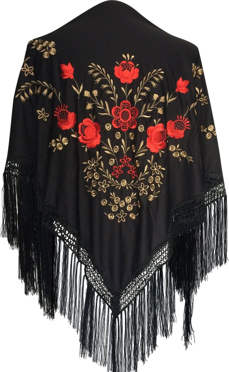 Spaanse manton/omslagdoek zwart rood goud bij Flamenco jurk verkleedkleding