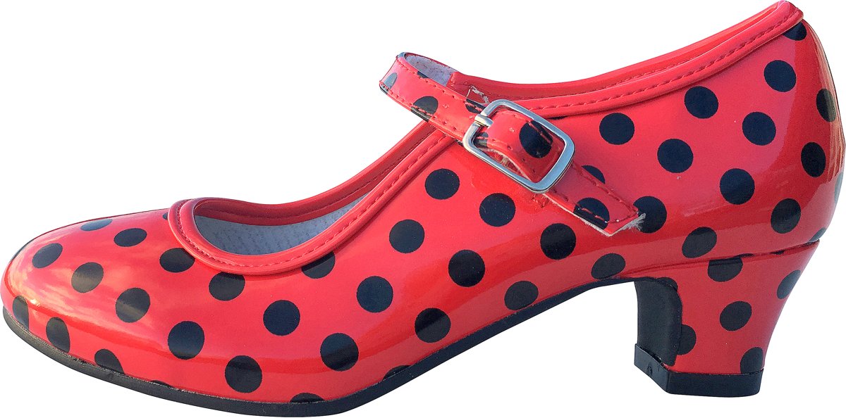 Spaanse schoenen rood zwart glossy maat 24 (binnenmaat 16 cm) bij jurk