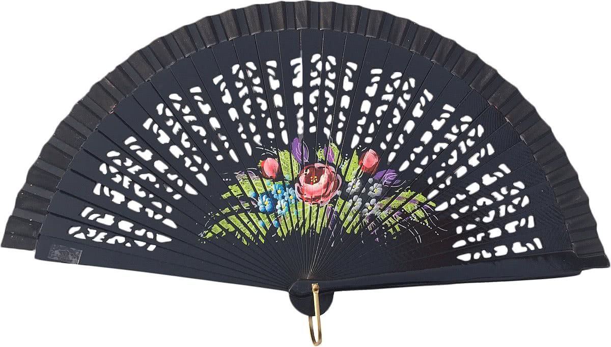 Spaanse waaier - Flamenco - luxe - zwart hout met bloemen - bij jurk