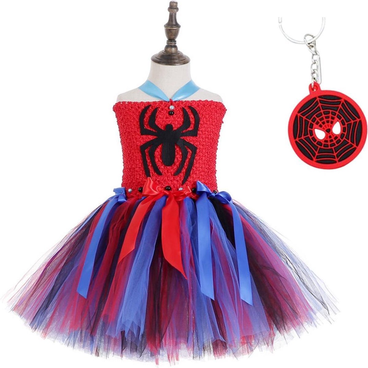 Spiderman pak kostuum super girl spider superheld tutu jurk meisje 116-122 (120) + GRATIS tas/sleutel hanger verkleedkleding