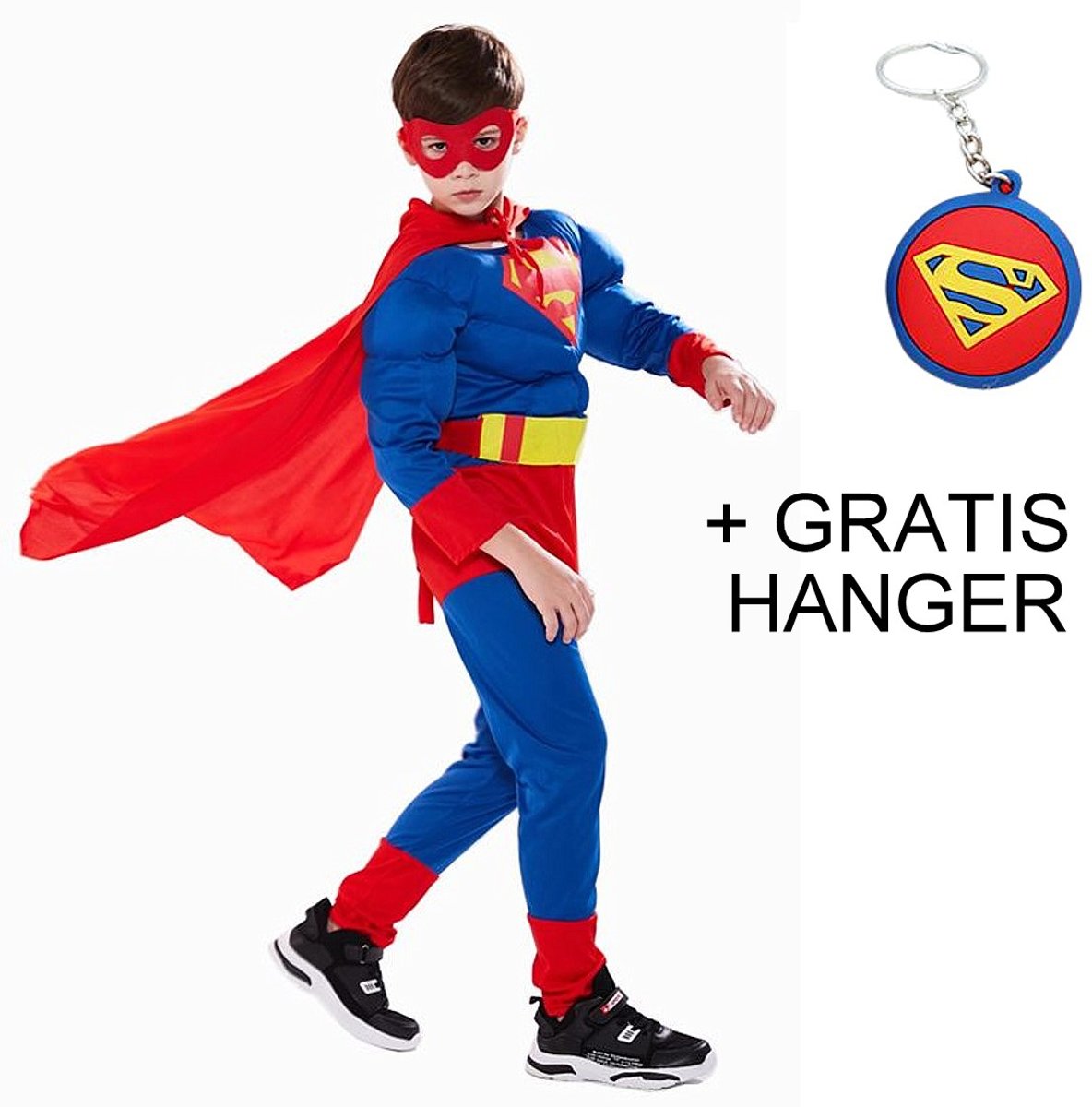 Superman pak Luxe kostuum Superheld Supermanpak verkleed pak kind met muscles 128-134 (L) + cape en GRATIS tas/sleutel hanger verkleedkleding