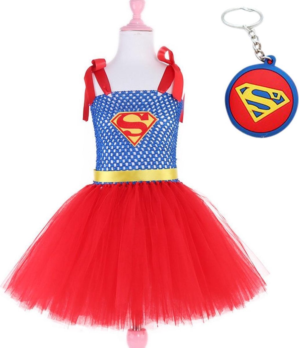Superman pak kostuum super girl superheld tutu prinsessen jurk meisje 128-134 (130) + GRATIS tas/sleutel hanger verkleedkleding