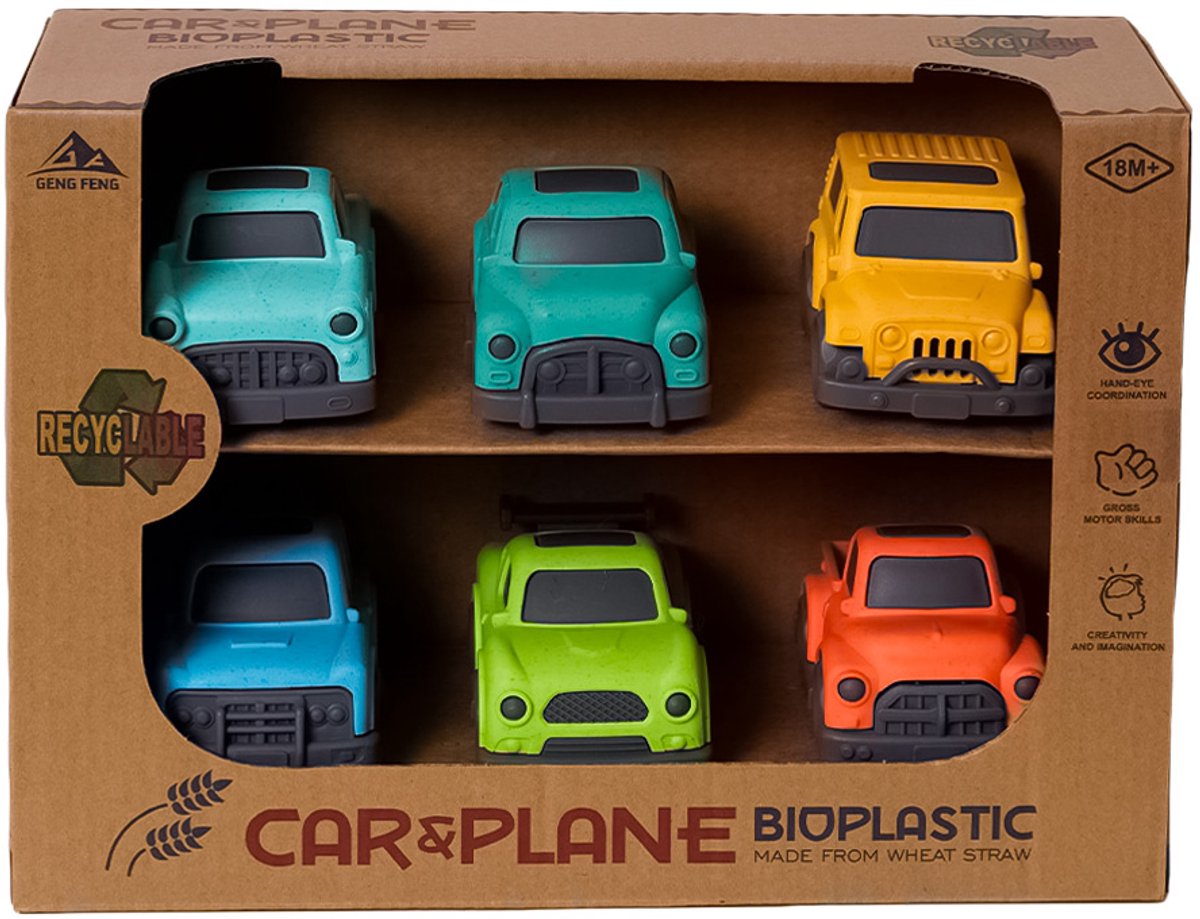 Speelgoedtopdeals - BIOplastic Autoset 6-delig - 9,5 cm - Duurzaam speelgoed