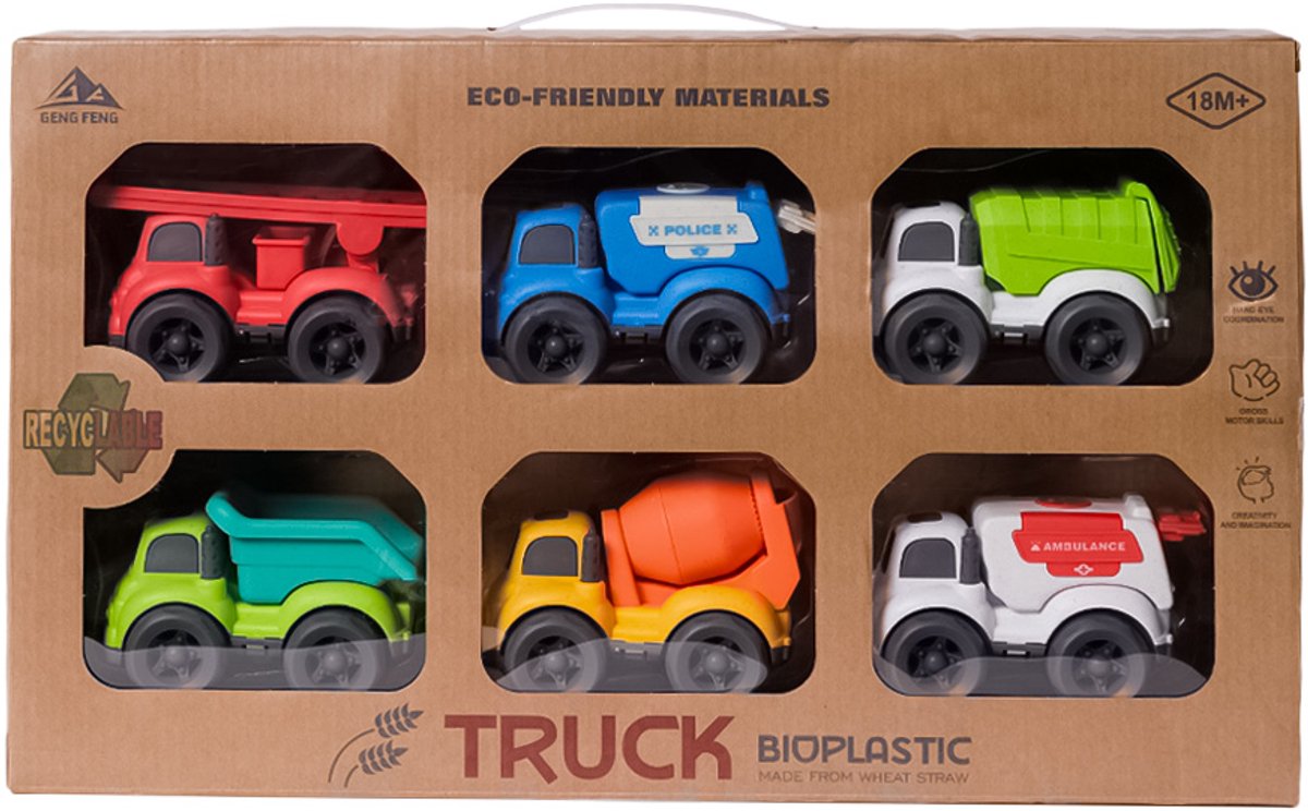 Speelgoedtopdeals - BIOplastic Truck set 6-delig - 11 cm - Duurzaam speelgoed