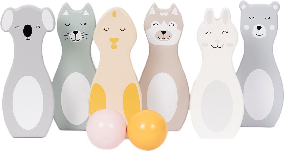 Speelgoedtopdeals – Houten Dieren Bowling set Kegelspel – Actiespel – Speelgoed – 8 delig - 13 cm