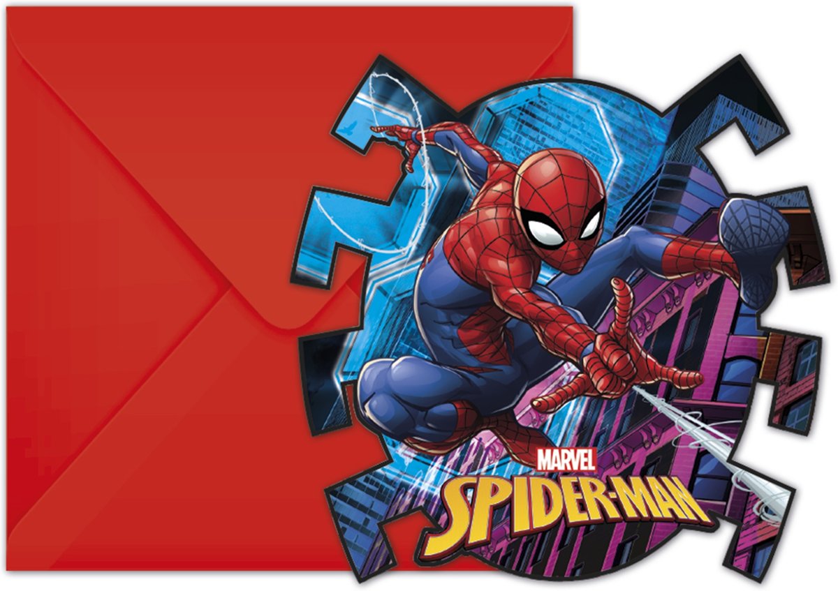 6 Spiderman™ uitnodigingen en enveloppen - Feestdecoratievoorwerp