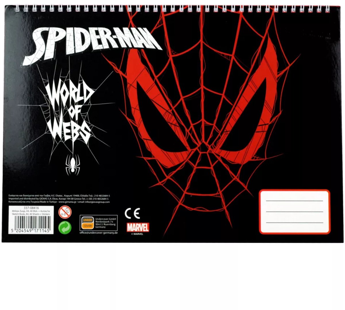 Spiderman schetsboek, Teken blok spiderman, Spiderman, Schetsblok, Spiderman A/4 spiraalvormig schetsboek met 40 vellen en stickers