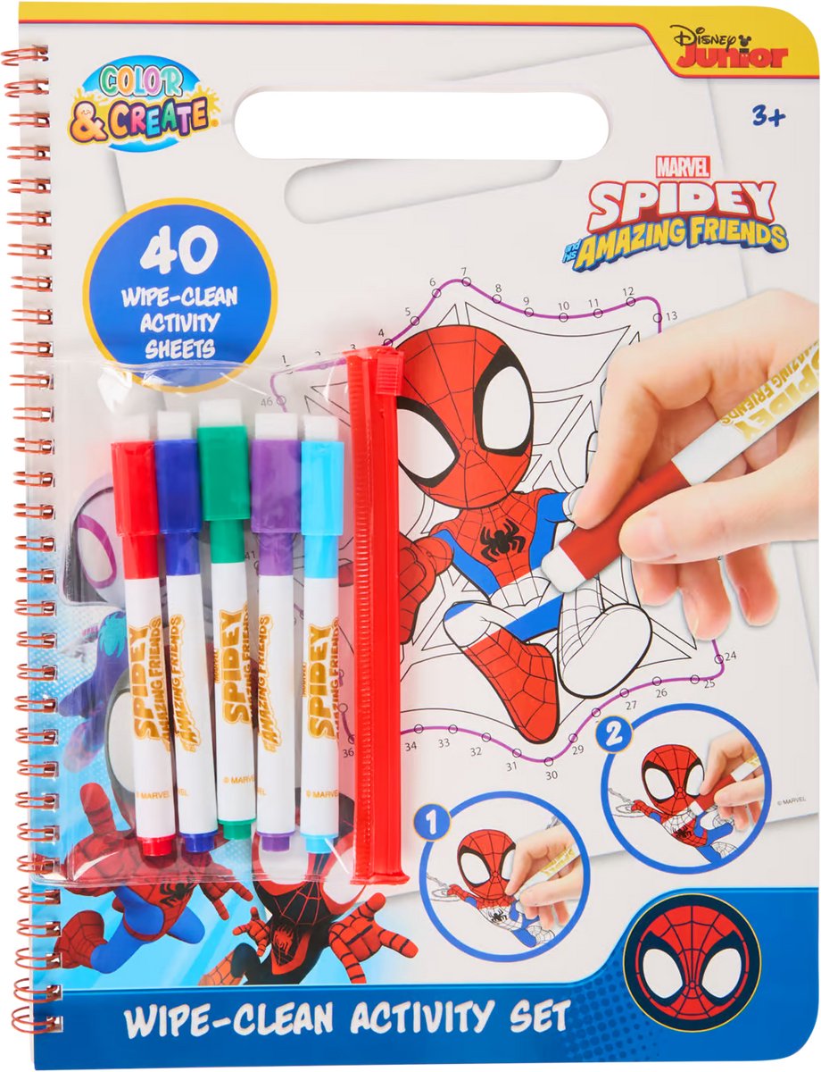 Disney Junior - Marvel Spidey Activiteitenboek met uitwisbare markers 40 Bladzijden - Kleurboek voor kinderen - Kleuren op nummer - Zoek de verschillen - Verschillende Puzzels