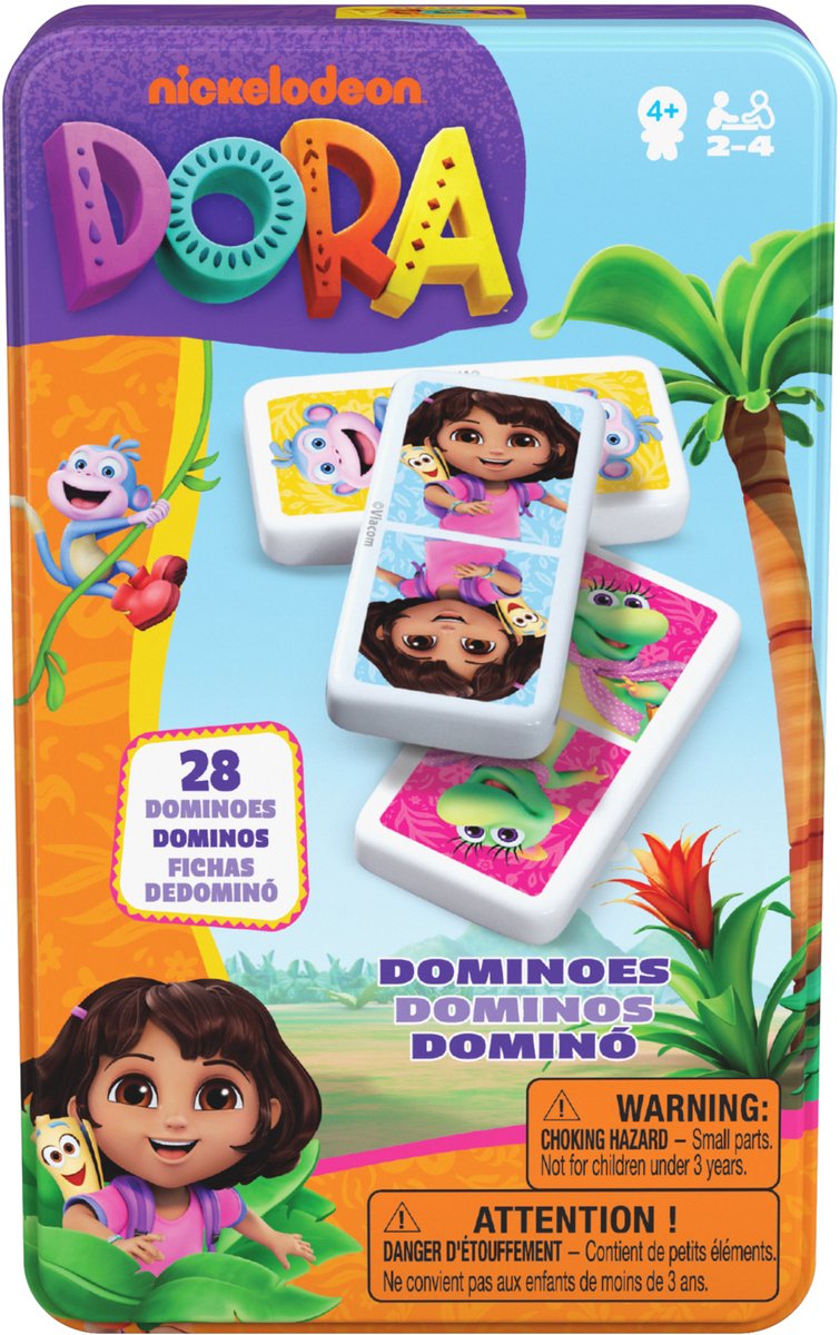 Spin Master Games, Dora the Explorer-dominoset in draagbaar minibewaarblik, spellen voor kinderen, Dora the Explorer-speelgoed, 2-4 spelers