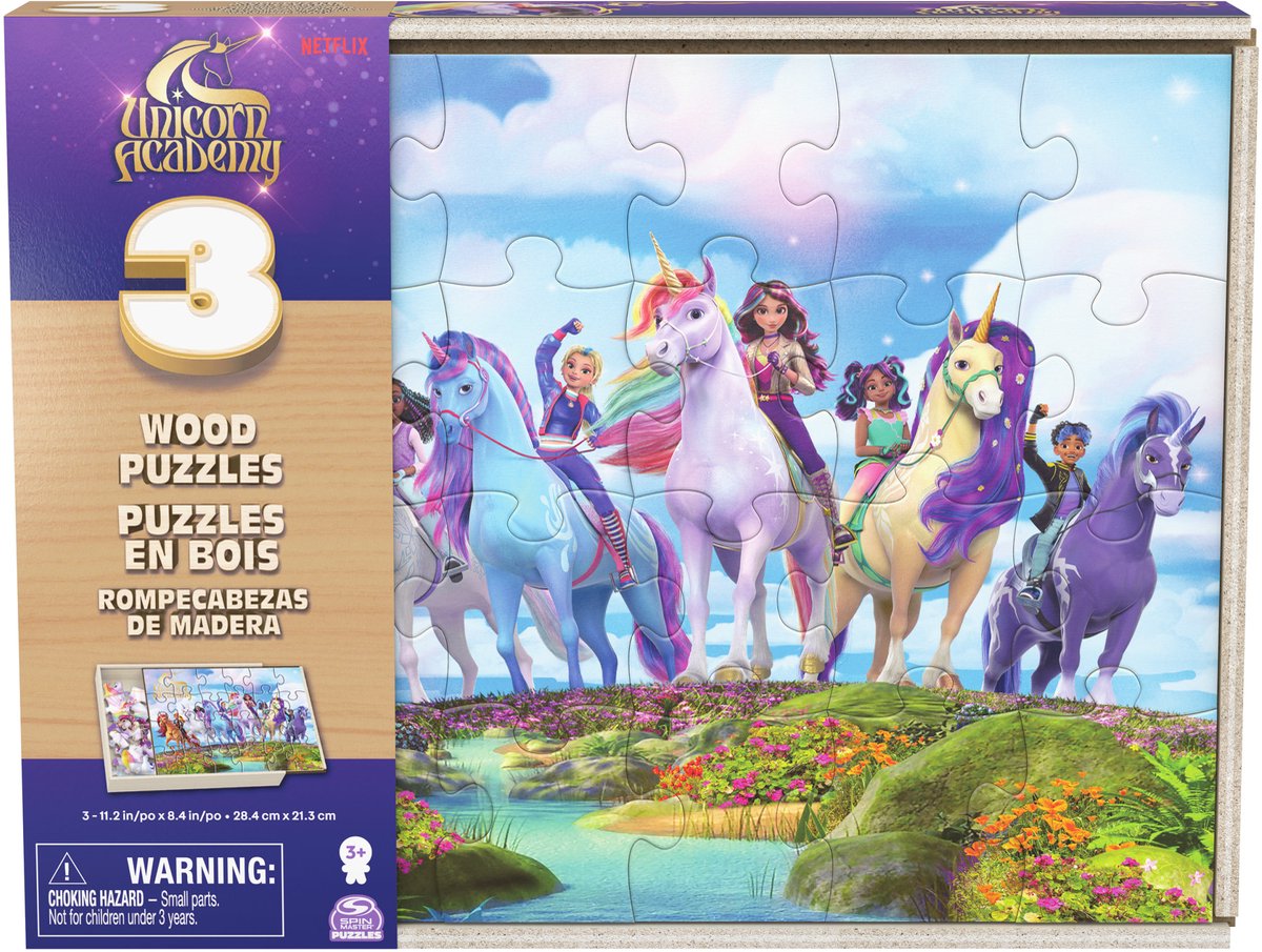 Spin Master Games 3 houten Unicorn Academy-puzzels, elk 24 stukken, kinderpuzzel, illustraties