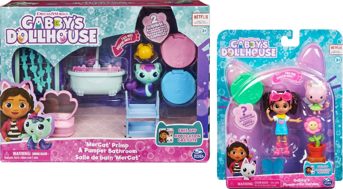 Gabbys Dollhouse Cattivity Pack Flower Garden Minipop en Deluxe Room Mercats Bathroom Speelset Voordeelpakket