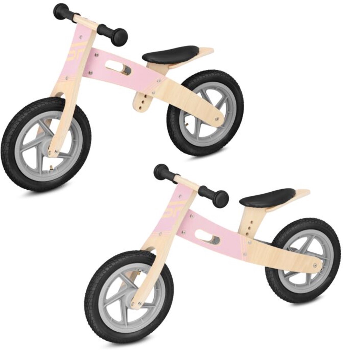 Roze houten loopfiets / balansfiets - verschillende zithoogtes - lichtgewicht. opblaasbare wielen