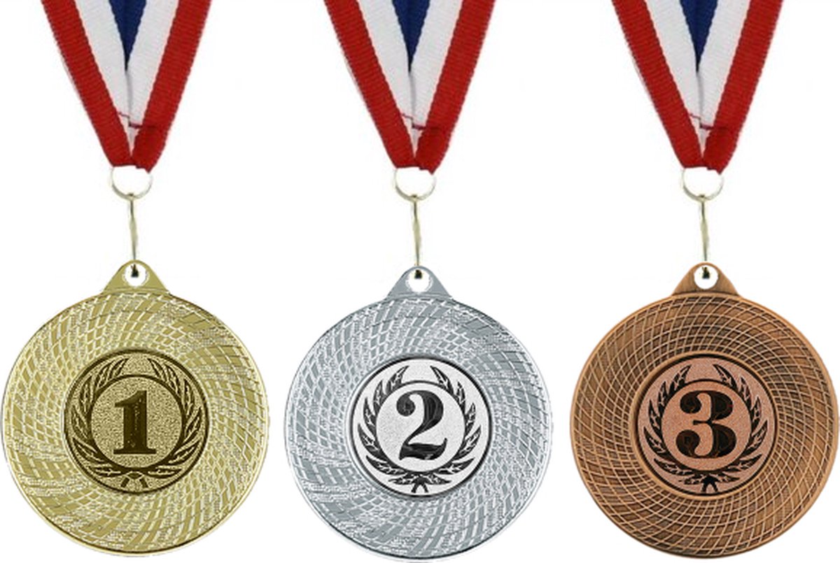 3x Medailles universeel van metaal goud/zilver/brons - 1e/2e/3e plaats inclusief halslint