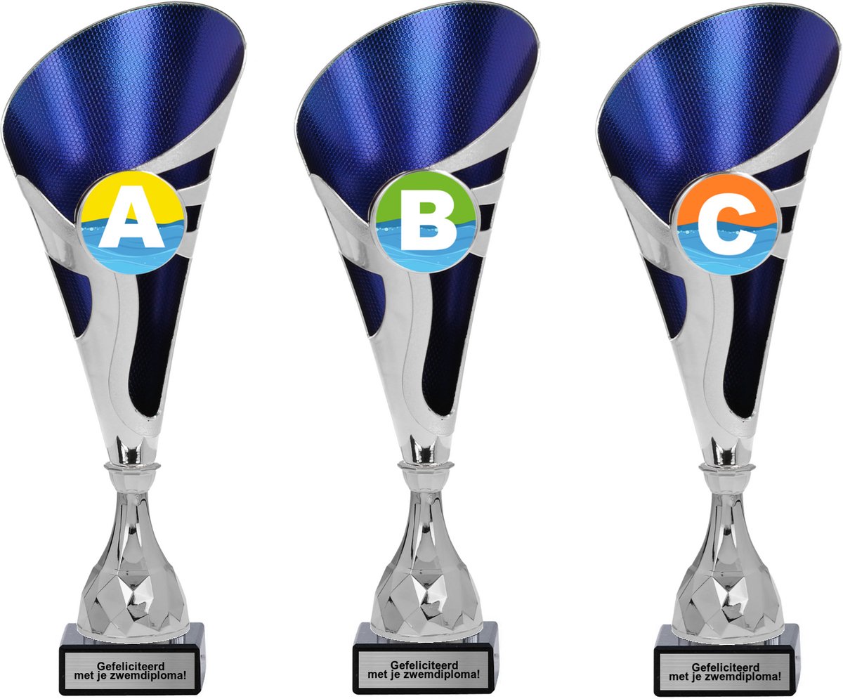Luxe Zwemdiploma prijzenbeker Set (A, B, C) – Het Ultieme Cadeau voor een Complete Zwemprestatie