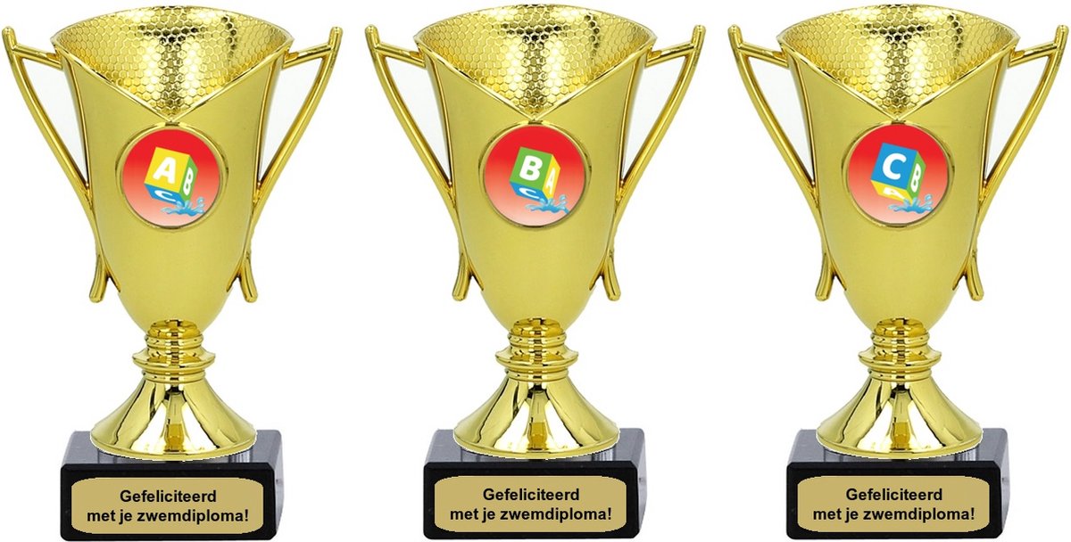 Zwemdiploma Gehaald Cadeau Trofee set - Zwem Diploma A + B + C - 3 stuks